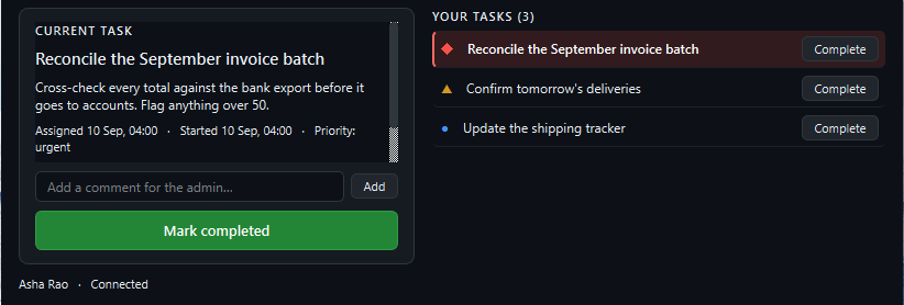 The panel opened from the strip: the current task with its description and assigned time on the left above one large Mark completed button, and the employee's three tasks listed on the right, each with its own Complete button.