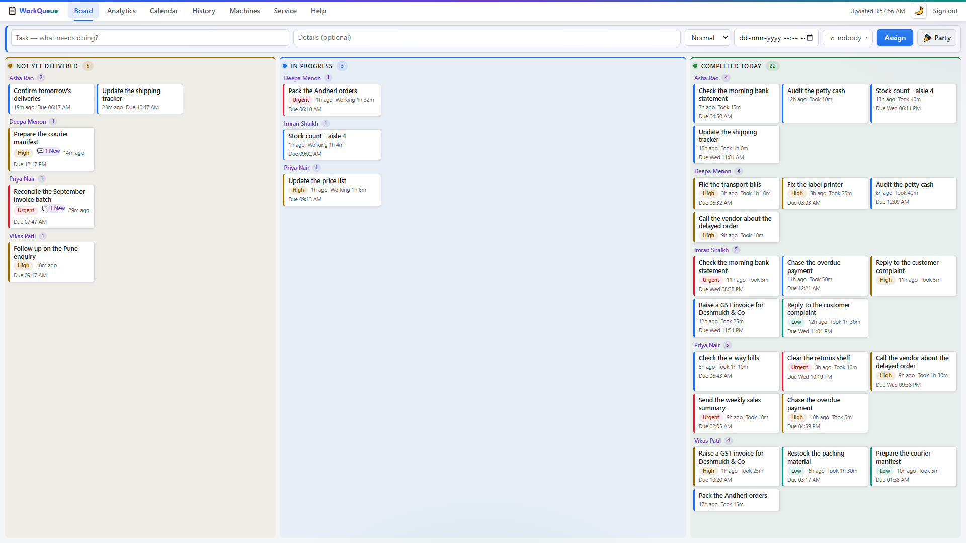 The WorkQueue board: a task composer at the top, and three live columns showing Waiting, In progress and Completed today.